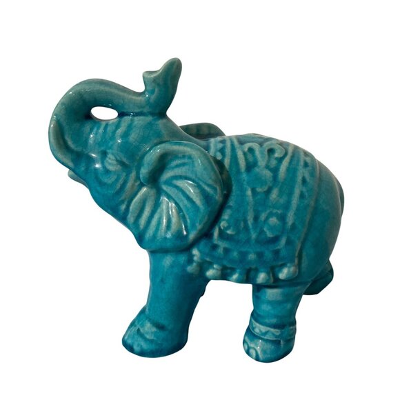 Turquoise Volcano Glaze Ceramic Elephant Figurine Lucky Trunk Up - Picture 2 of 8